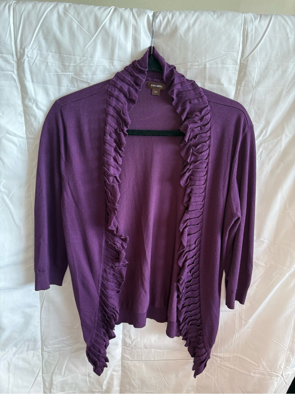 Danier Purple Ruffled Open-Front Cardigan